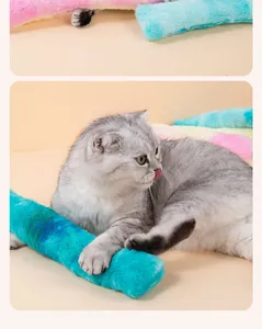 Graue Katze spielt mit einem weichen blauen Plüsch-Katzenkissen auf beigem Grund