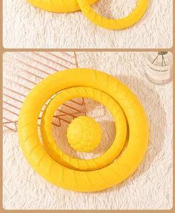 Detail of yellow bite-resistant pet fitness rings and spiked ball on soft rug