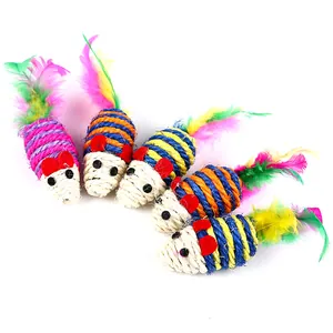 Interactive set of colorful sisal rope mouse cat toys with bright feather tails