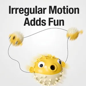 Dynamic pufferfish-shaped TPR dog leaky food toy with irregular movement paths.
