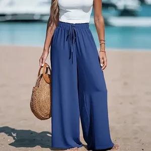 Women's casual solid blue wide-leg pants with drawstring waist for summer beach