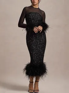 Elegant black sequin bodycon party dress with sheer mesh and feather trim sleeves