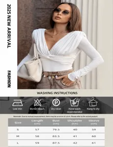 Detailed size chart and material information for the V-neck draped white modal long sleeve top