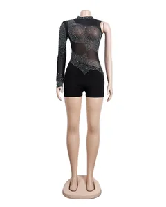 Body sexy nero monospalla in rete con strass scintillanti per abbigliamento da club