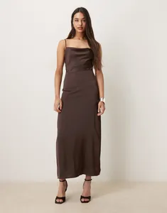 Full view of elegant cowl neck satin maxi dress in chocolate brown finish