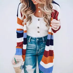 Cárdigan de punto a rayas multicolores de moda con manga larga y estilo abierto