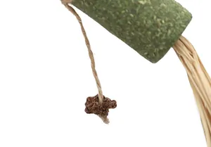 Dettaglio di un gioco per gatti con bastoncino d'erba gatta, frutto matatabi e corda di canapa.