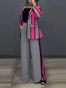 Elegant grey and pink striped two-piece suit set featuring a blazer and wide-leg trousers