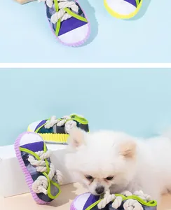 Durable cotton rope knot sneaker toy for small dogs, interactive chewing slipper detail