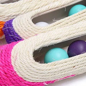 Detailed close-up of sisal rope cat scratcher toy track with colorful moving rolling balls