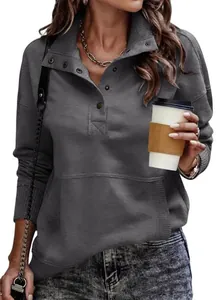 Casual dark gray long sleeve sweatshirt with a buttoned stand collar and pocket