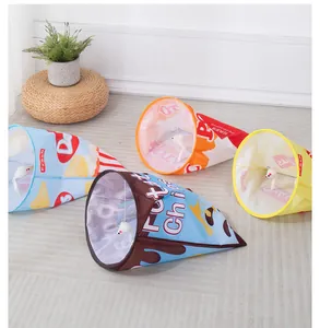 Four colorful potato chip bag style crinkle cat tunnels with hanging plush mice.