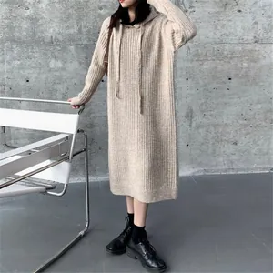 Cozy oversized hooded knit midi sweater dress in oatmeal beige for autumn winter
