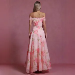 Elegant French vintage pink floral print off-shoulder maxi dress with a flowing skirt
