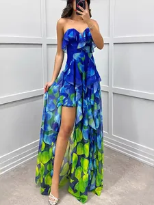 Vibrant floral print strapless mesh maxi dress featuring tiered ruffles and high-low hem