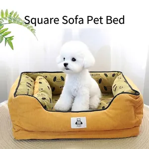 Thickened square corduroy sofa bed for small dogs and cats with plush cushion