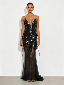 Stunning black V-neck sequined fishtail evening gown with delicate sheer mesh bottom detail