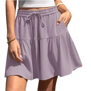 Lavender casual high-waisted drawstring mini skirt with pockets for women