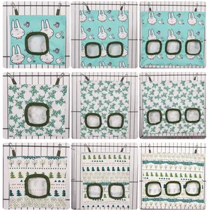 Detailed view showing nine styles of hanging hay feeder bags for rabbits and guinea pigs.