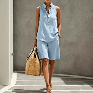 Chic light blue sleeveless linen-style two-piece set for women featuring shorts and top