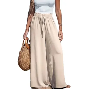Comfortable beige wide-leg pants for women with high-waist drawstring design