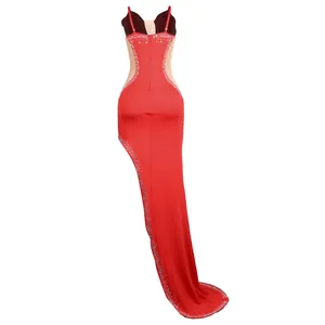 Rear view of a red sexy evening dress featuring sparkling rhinestones and mesh side panels