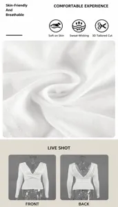 Detail view of white V-neck draped Modal top with fabric texture and front/back shots