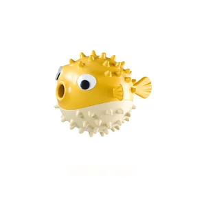 Yellow blowfish shaped dog puzzle toy made of durable TPR for food dispensing fun