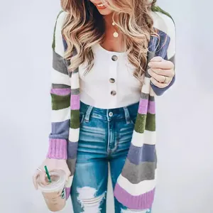 Cárdigan de punto a rayas multicolores para mujer, chaqueta informal de manga larga de moda