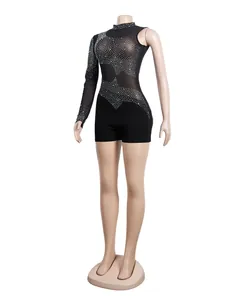 Tuta sexy nera con strass e rete per abbigliamento da club e discoteca