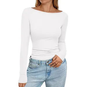 Elegant white ribbed boat neck slim fit long sleeve knit top for casual basic wear