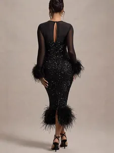 Elegant black sequin bodycon party dress with long sleeves and ostrich feather trim