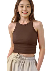 Children's brown sleeveless ribbed crop tank top for spring and summer casual wear