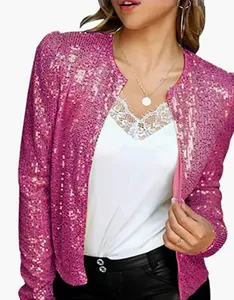 Detailed macro view of high-quality pink sequins on a stylish women's jacket