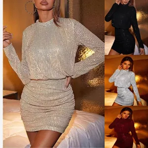 Women Sequin Mock Neck Long Sleeve Bodycon Mini Dress Elegant Ruched Cocktail Party Night Club Sparkly Evening Dress