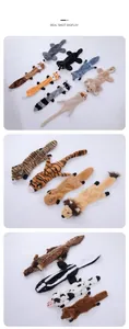 Detailed collection showing a variety of unstuffed animal-shaped plush dog chew toys.