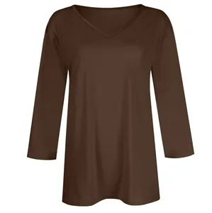 Detailed front view of women's casual V-neck T-shirt with 3/4 sleeves in deep brown
