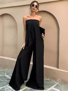 Combinaison Élégante Sans Bretelles Épaules Dénudées Femmes Couleur Unie Jambe Large Polyester Pantalon Une Pièce