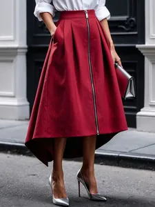 Women Solid Color Irregular High-Low Hem Skirt Front Zipper High Waist A-Line Skirt With Pockets Fashion Office Midi Skirt