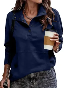 Detailed view of a navy blue women's casual sweatshirt featuring button collar and pocket