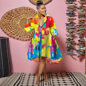 Vibrant abstract print colorful dress with deep V-neck and lapel for party occasions