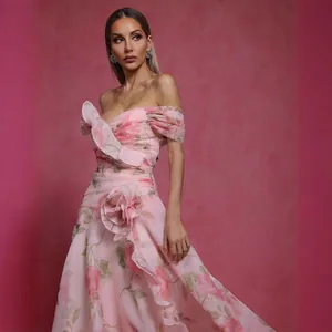Elegant French retro floral print off-the-shoulder maxi dress for summer weddings.
