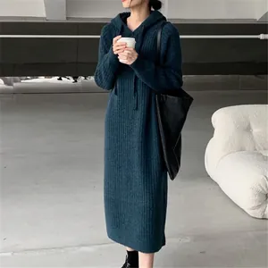 Loose hooded knitted midi dress in dark teal for women's autumn and winter fashion style.