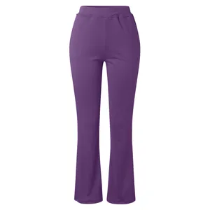 Full view of purple high waist flared yoga pants showing elastic waistband and cut