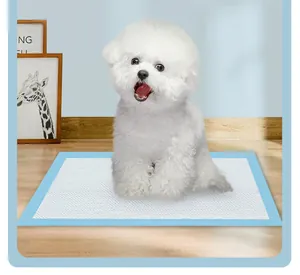 Extra absorbent dog training pad with a leak-proof blue border shown with a puppy
