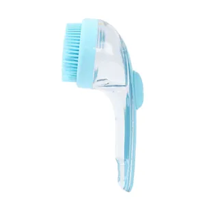 Light blue pet bath brush with shampoo dispenser and ergonomic handle for dogs and cats