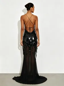 Elegant black sequin backless fishtail evening gown with criss-cross thin straps