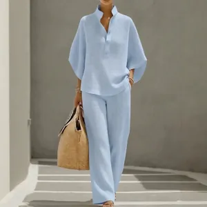 Ensemble Deux Pièces Décontracté en Tricot Gaufre pour Femme Couleur Unie Haut Chemise à Boutons et Pantalon Large