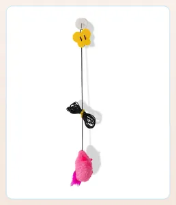 Detail view of hanging door cat toy featuring a pink plush mouse and elastic string