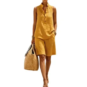 Casual mustard yellow two-piece linen set for women with sleeveless top and shorts